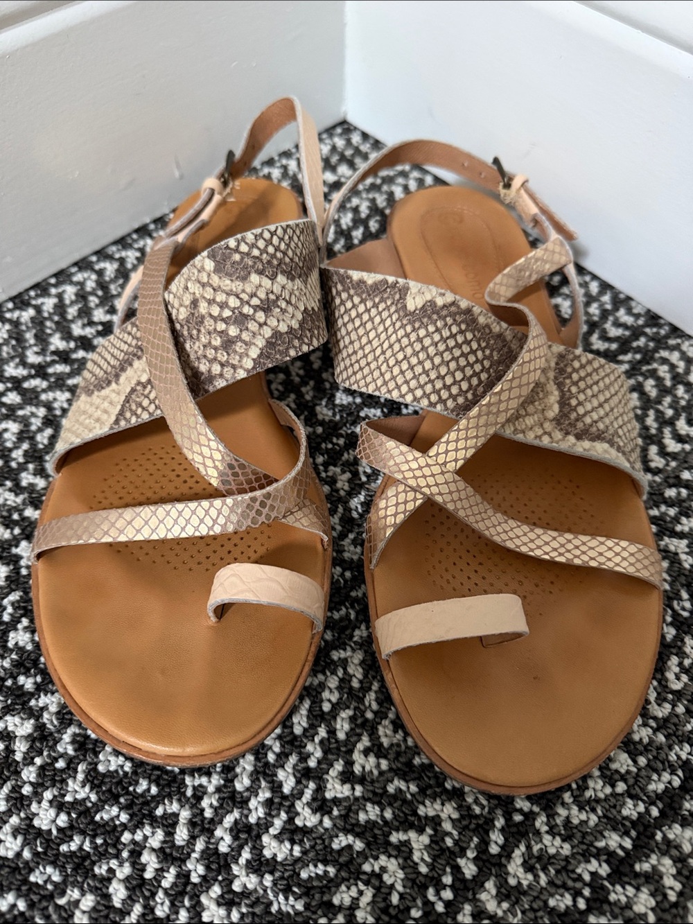 Corso Como Gold and Tan Snake-Print Leather Sandals